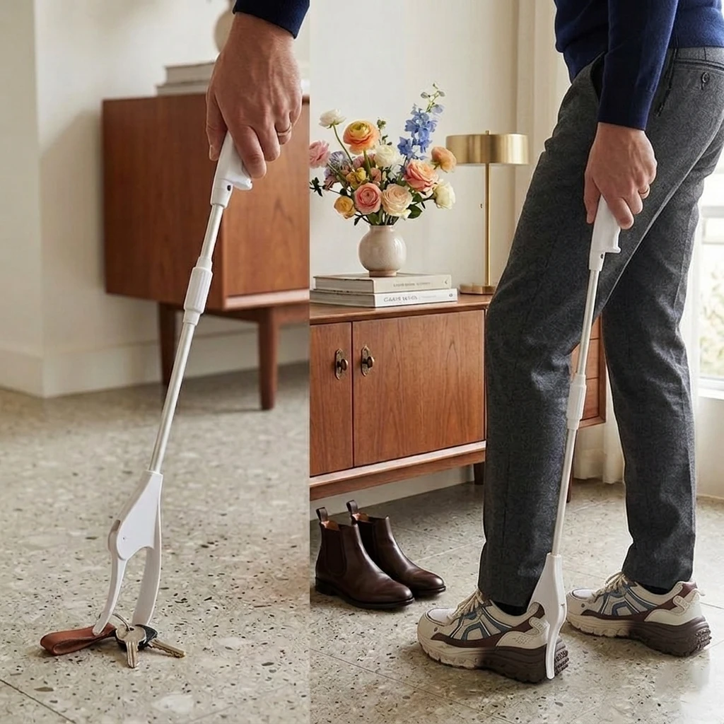 2-in-1 long handle shoe horn and reacher grabber helping a person put on shoes without bending.