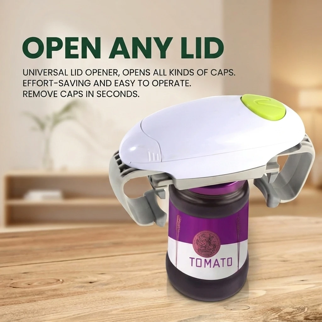 A white and green automatic jar opener securely placed on top of a purple tomato jar, demonstrating its universal lid-opening capability.