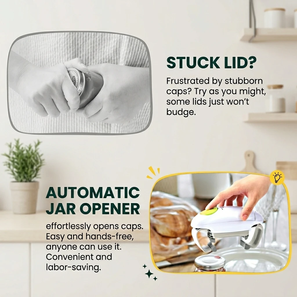 A person struggling to open a glass jar by hand, contrasted with an automatic jar opener effortlessly removing a lid.