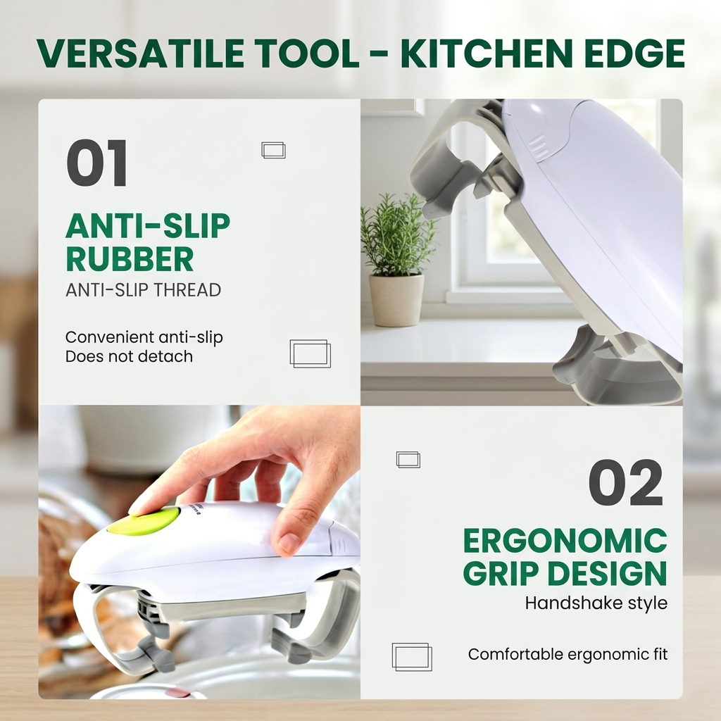 Close-up details of the automatic jar opener highlighting its anti-slip rubber grips and ergonomic handshake design.