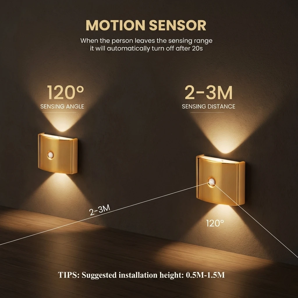 premieragers.com - Motion Sensor Night Light - Diagram showing 120 degree sensing angle and 2 to 3 meter sensing distance of the gold motion sensor night light.
