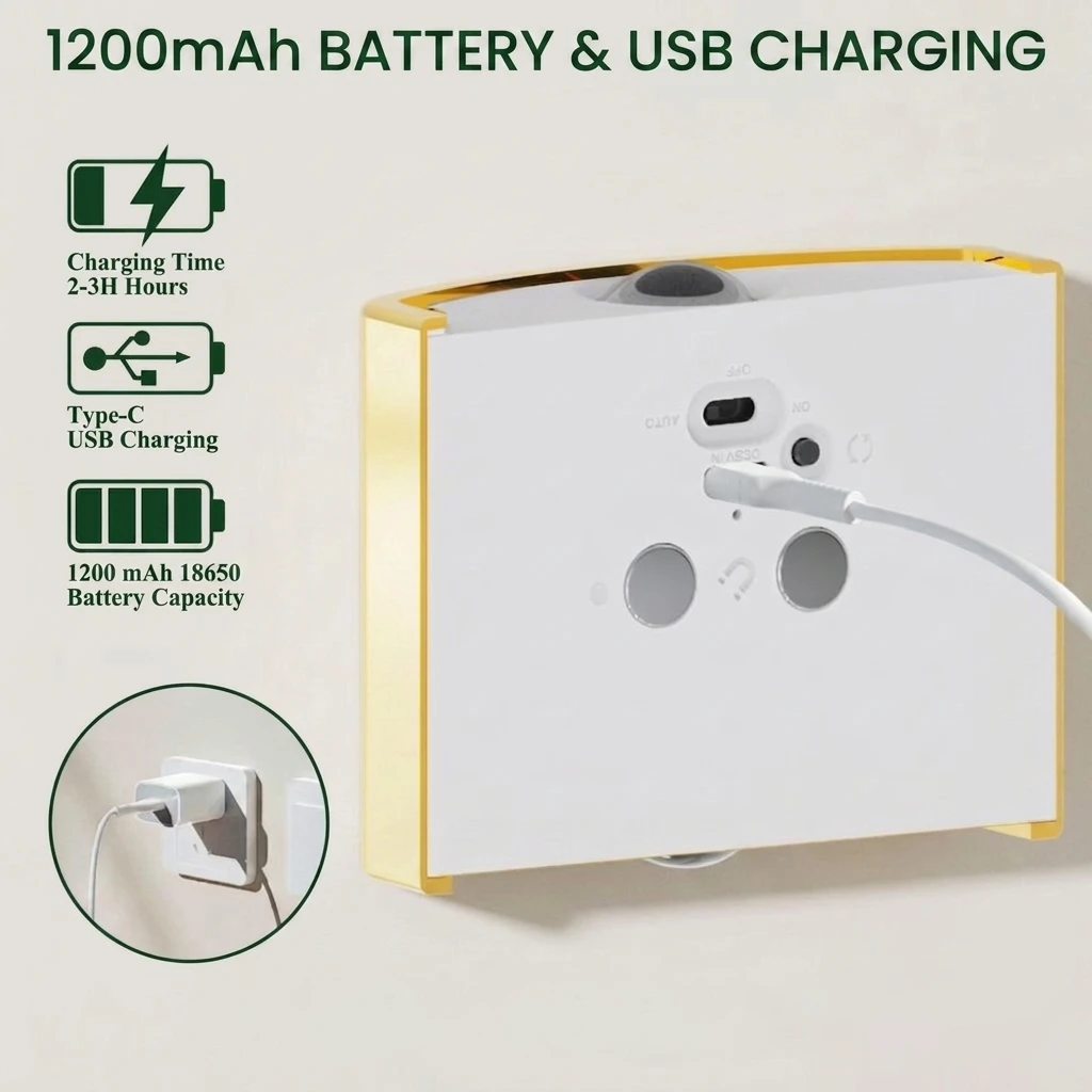 premieragers.com - Sensor Night Light Back of the motion sensor light showing Type-C USB charging port and 1200mAh battery capacity details.